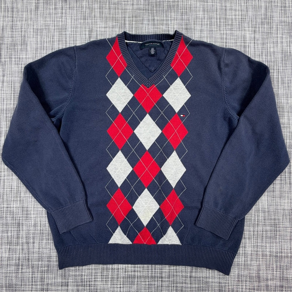 Tommy Hilfiger Mens Argyle V-Neck Sweater Navy Blue Red Gray Cotton Pullover L